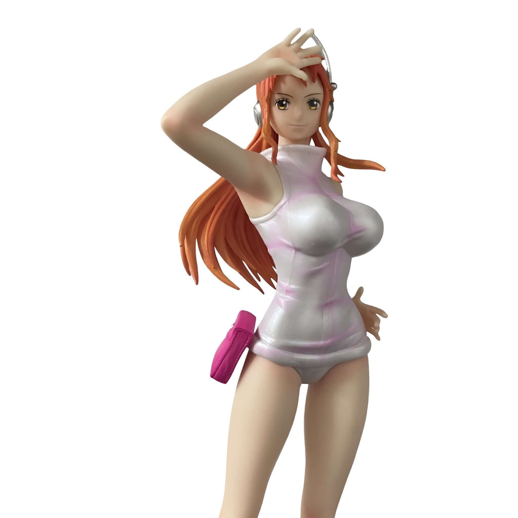 One Piece Egghead Island Nami Action Figure standing tall in pink boots with detailed design