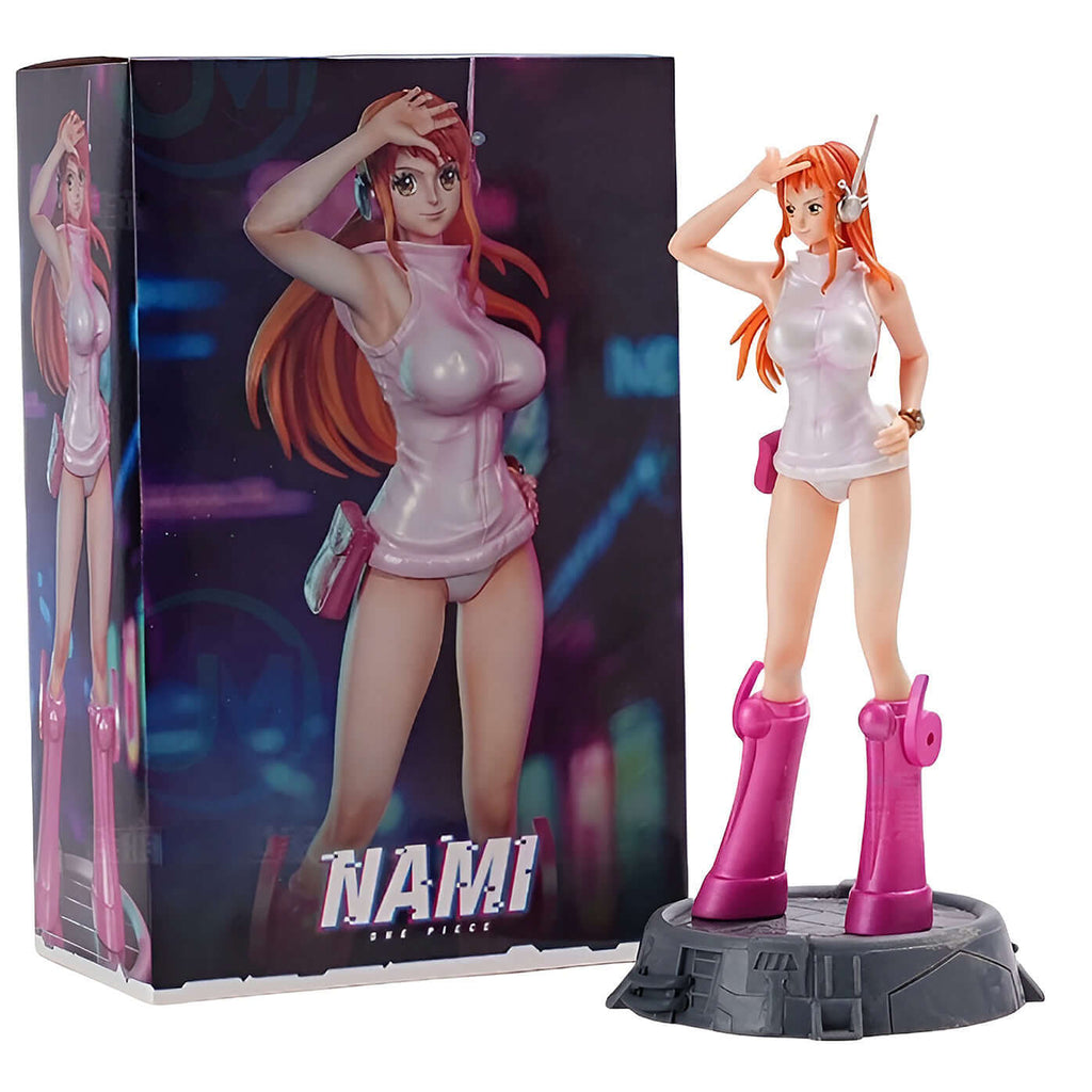 One Piece Egghead Island Nami Action Figure displayed with box, showing Nami in a detailed pose.