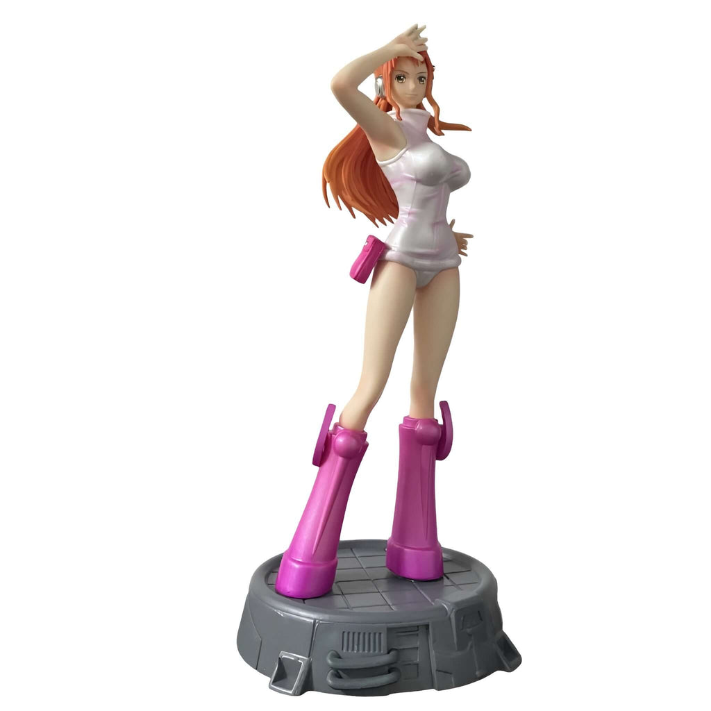 One Piece Egghead Island Nami Action Figure standing tall in pink boots with detailed design, perfect for collectors.