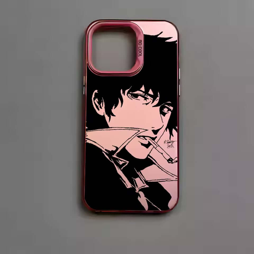 Cowboy Bebop Hard Plastic IMD iPhone Case featuring an illustrated character design on a pink background.